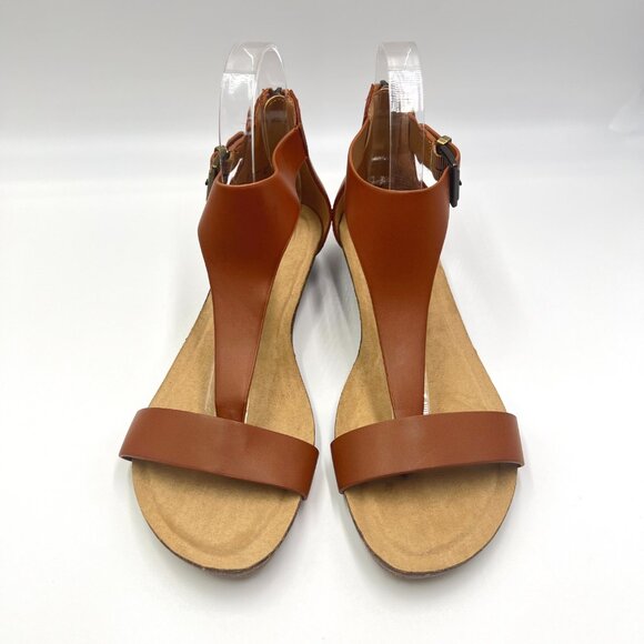 Kenneth Cole Reaction Great Gal Cognac Brown T-Strap Low Wedges Sandals Shoes - Picture 2 of 13